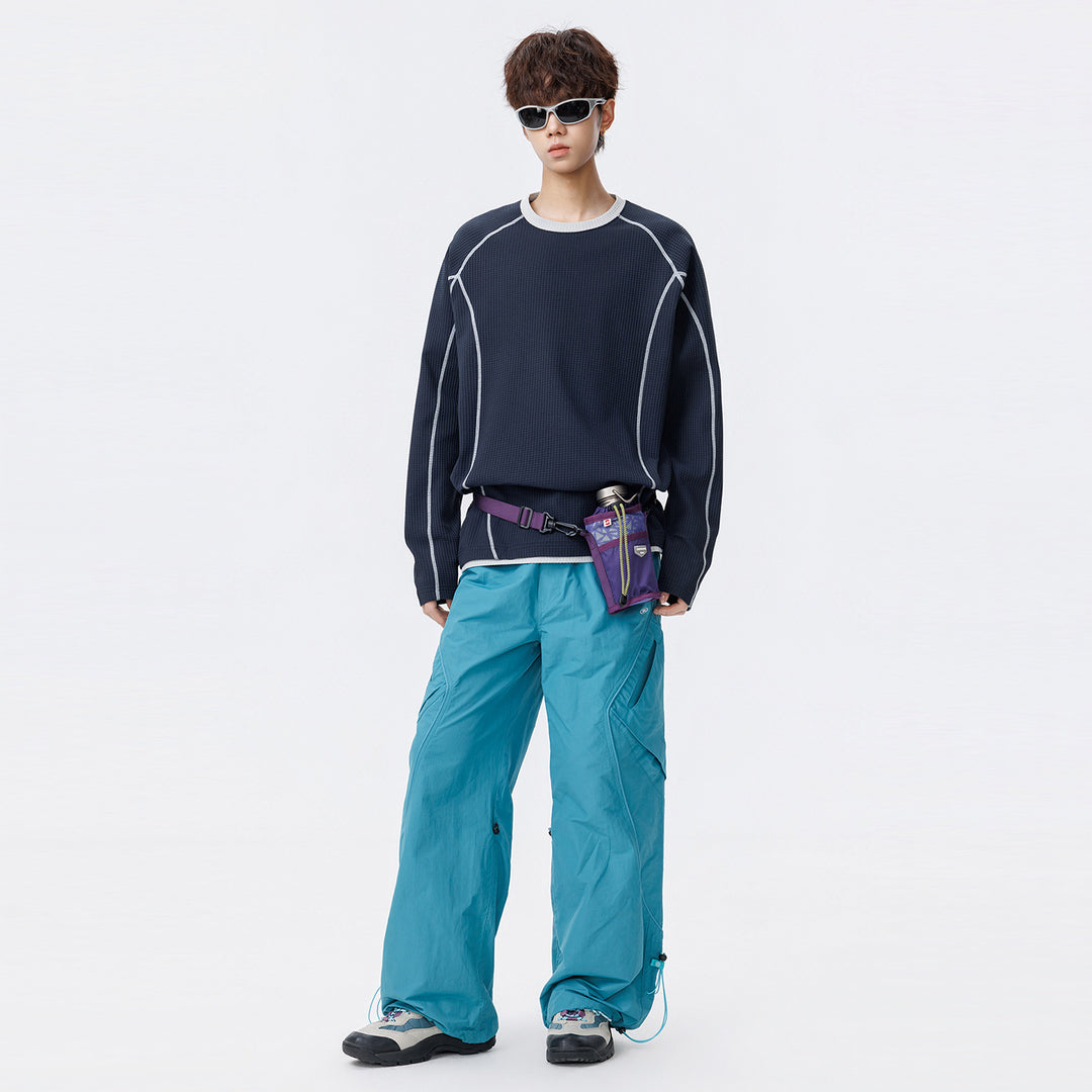 Men's waffle structure long sleeve shirt in oversized cut with contrast flatlock seams and round neckline Drune