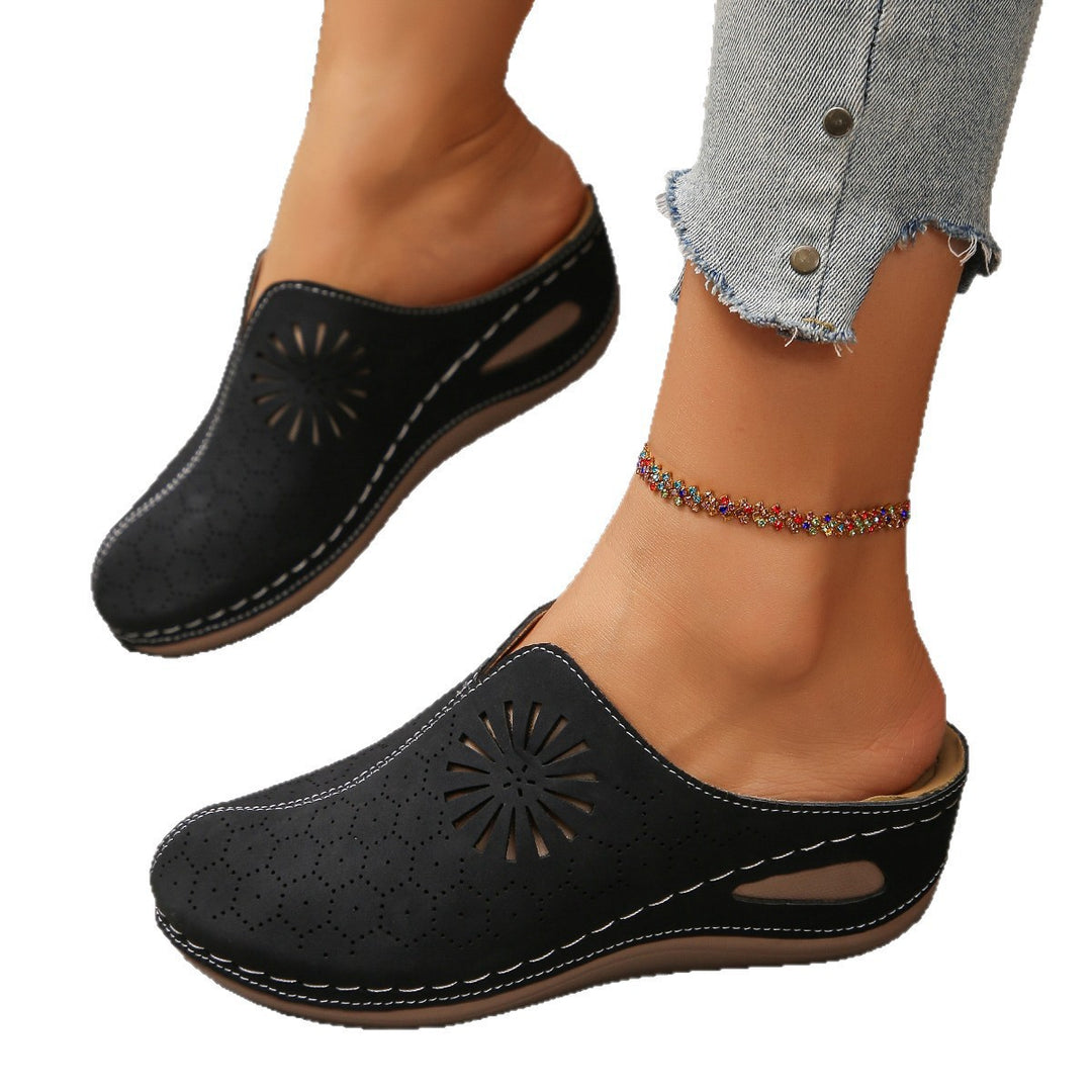 Women Comfortable Perforated Slipper Mules with Floral Cutouts and Padded Footbed Mune Fashion