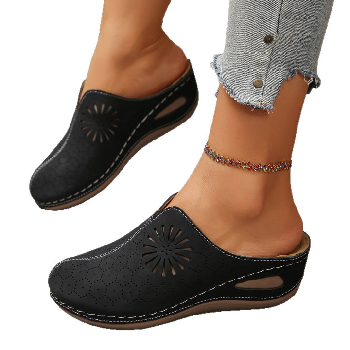 Women Comfortable Perforated Slipper Mules with Floral Cutouts and Padded Footbed Mune Fashion