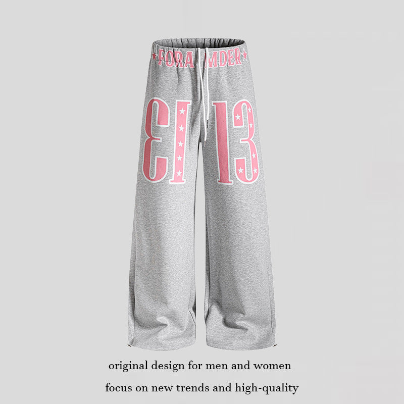 Women's Wide Palazzo Jogging Pants with High Comfort Waistband, Drawstring and Large Graphic Front Mune Fashion