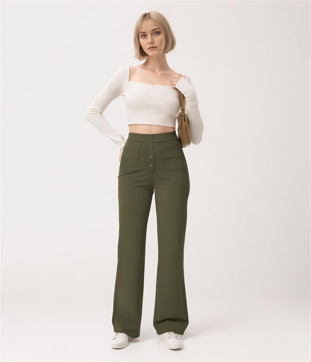 Women's waist-defining flared pants made of stretch jersey with decorative button placket Mune Fashion
