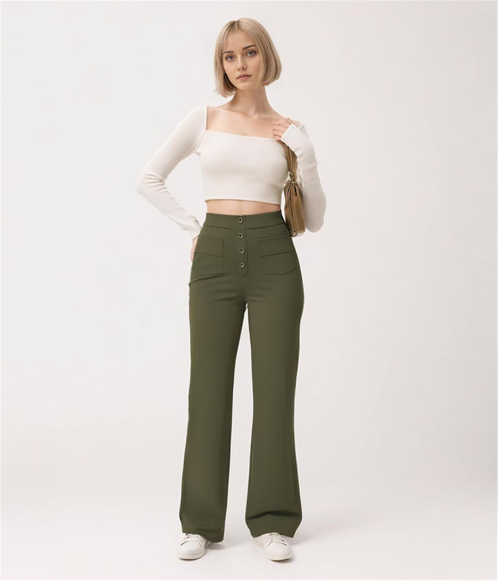 Women's waist-defining flared pants made of stretch jersey with decorative button placket Mune Fashion