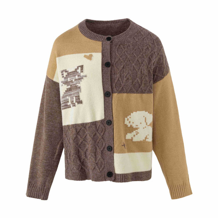 Women's knitted cardigan in patchwork look with cable pattern and round neckline Mune Fashion