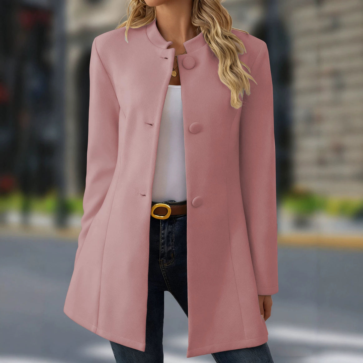 Women's Tailored Stand Collar Coat with Fabric Covered Buttons Mune Fashion