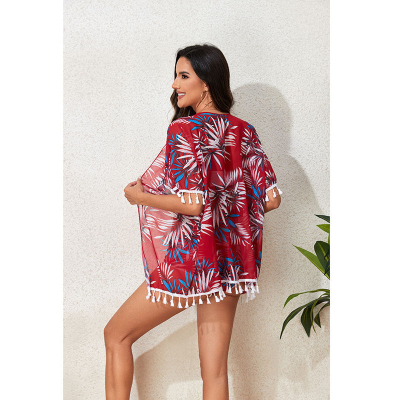 Women’s Floral Printed Beach Jacket with Fringed Trim and Matching Bikini Mune Fashion