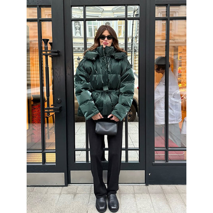 Women's Quilted Winter Jacket with Waist Drawstring and High Stand-Up Collar Mune Fashion