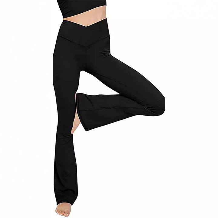 Women's mid-rise yoga pants with crossover waistband and flared hem with slit Mune Fashion