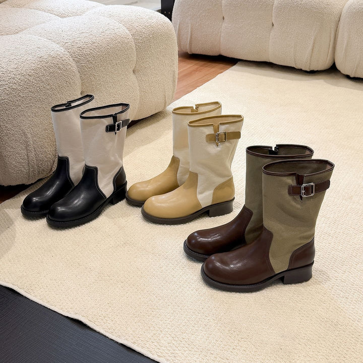 Women Mid-Calf Boots made of smooth leather and canvas with decorative buckle straps Mune Fashion