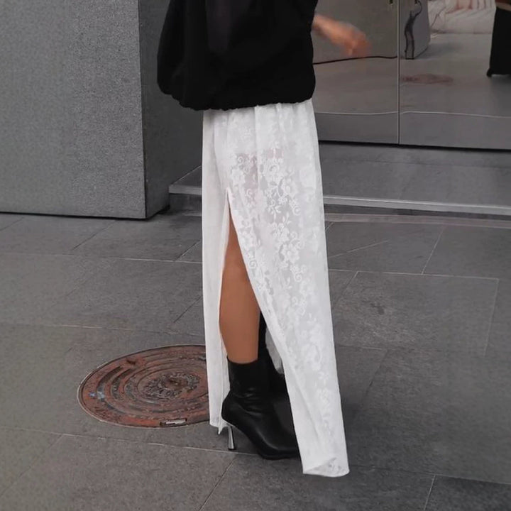 Women’s maxi skirt made of transparent lace with high slit and elastic waistband Mune Fashion