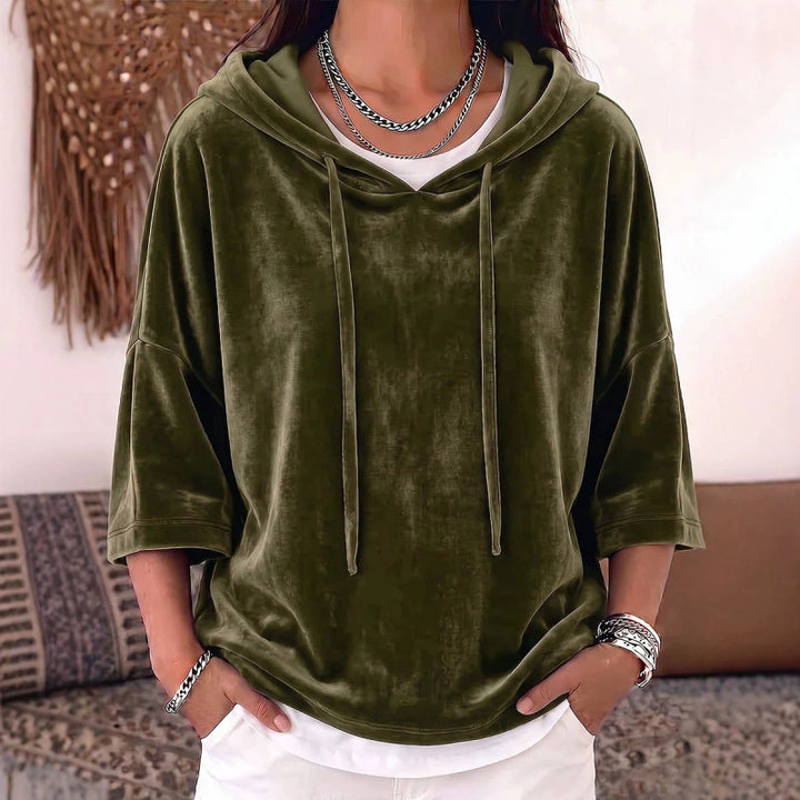 Women Oversize Velvet Half-Sleeve Hoodie with Drawstring and Pockets Mune Fashion