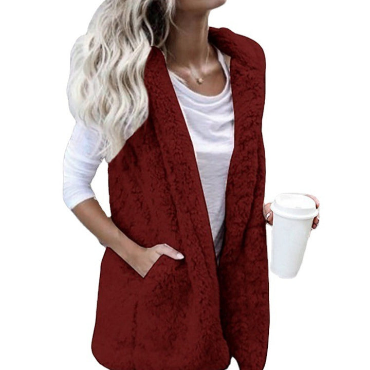 Women nan fluffy teddy vest with shawl collar and welt pockets Mune Fashion