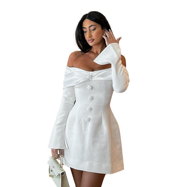 Damen Off-Shoulder Korsagen-Minikleid mit bezogenen Knöpfen und ausgestellten Ärmeln Mune Fashion