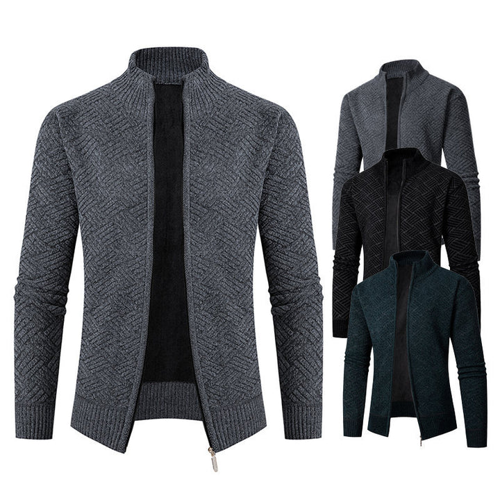 Men's Thermal Knit Jacket with Full Zip, Lined Stand-Up Collar and Geometric Structure Pattern Mune Fashion