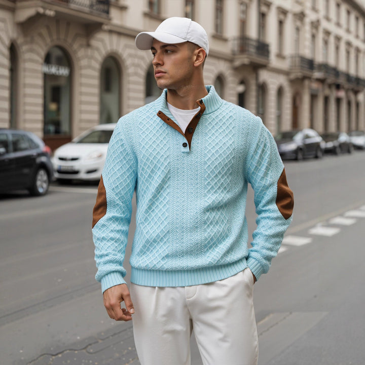 Men's troyer sweater with stand-up collar, structured knit look and contrast elbow patches Mune Fashion