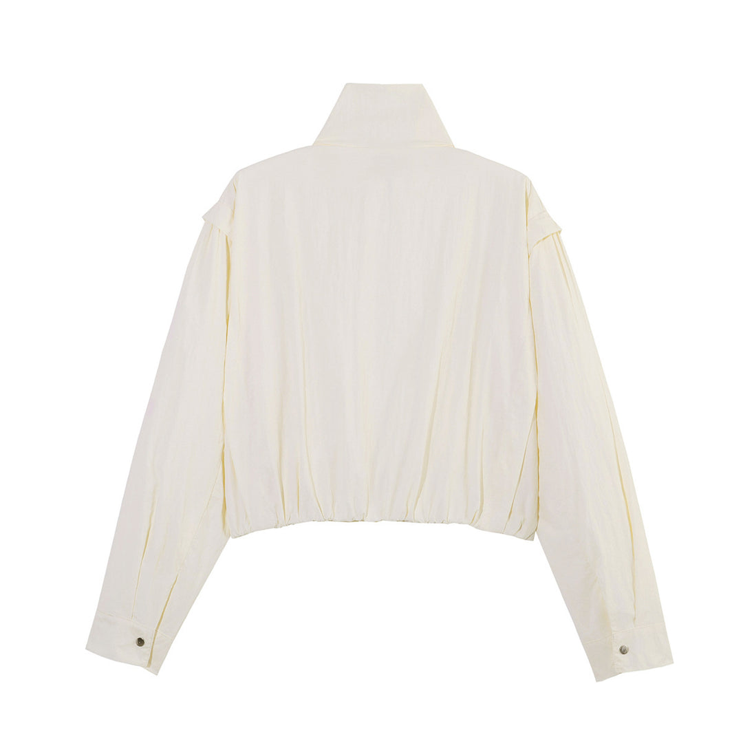Women's Short Cropped Transitional Jacket with Stand-Up Collar, Gathered Shoulder Yoke and Balloon Sleeves Mune Fashion