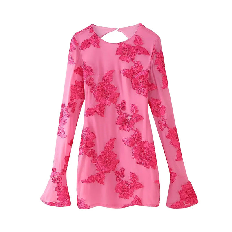 Women’s embroidered chiffon blouse with floral 3D appliqué, cut-out back and flared cuffs Mune Fashion