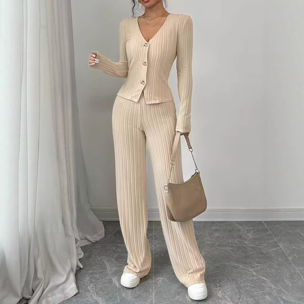 Women's Ribbed Lounge Set with Fitted Button Placket and Wide Palazzo Pants Mune Fashion