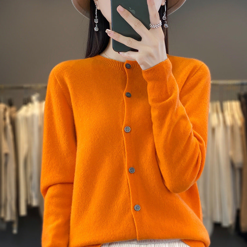 Women Lightweight Fine Knit Cardigan with Cashmere Look, Round Neckline and Hidden Button Placket Mune Fashion