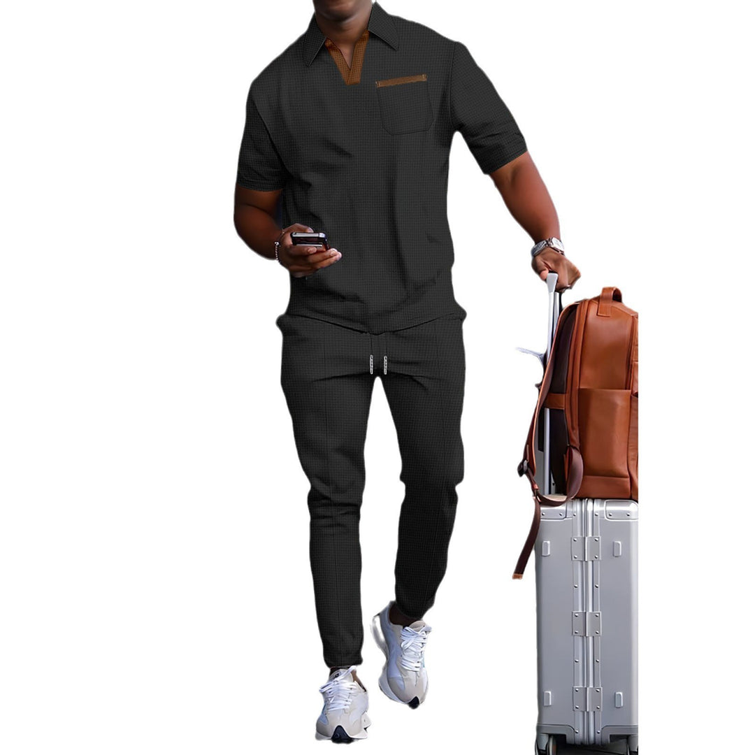 Men's casual leisure set made of elastic jersey with V-neck, chest pocket, and drawstring waistband Mune Fashion