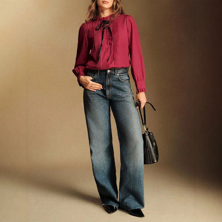 Women's ruffle blouse with stand-up collar, vertical pleats and ribbon tie Drune