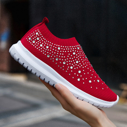 Women knitted slip-on sneakers with rhinestone embellishment and elastic entry Mune Fashion