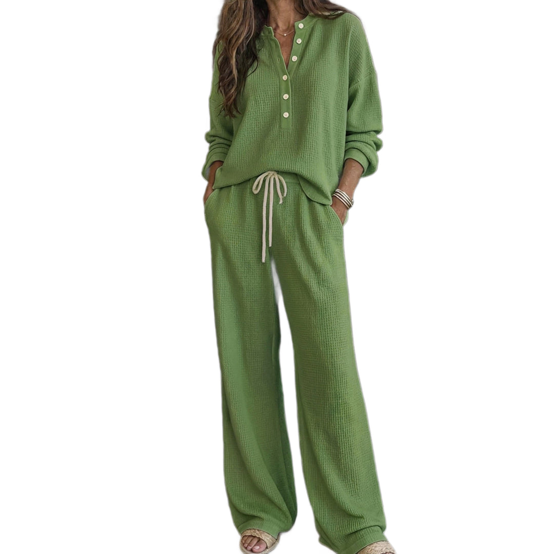 Women's Waffle Knit Loungewear Set with Henley Top, Drawstring Waist and Wide Palazzo Pants Mune Fashion