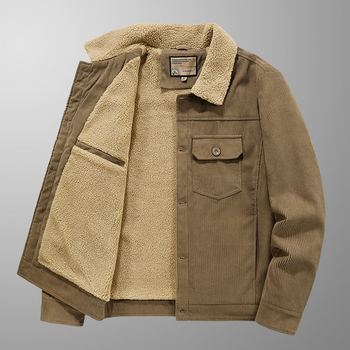 Men's fine cord trucker jacket with continuous Sherpa lining and front flap pocket Mune Fashion