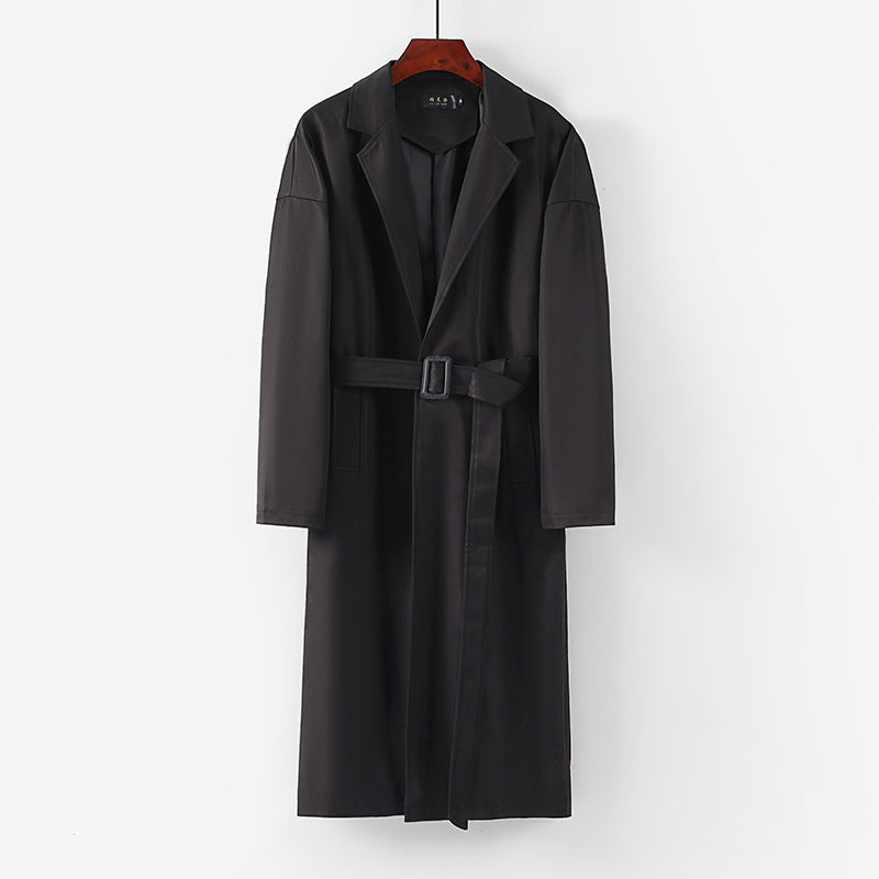 Women's Longline Trench Coat with Waist Belt and Dropped Lapel Mune Fashion