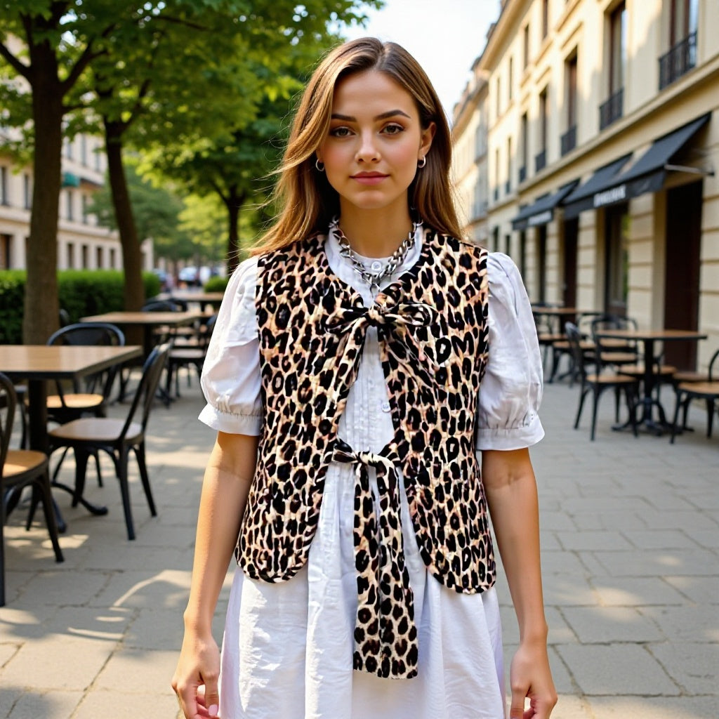 Women's sleeveless chiffon blouse with leopard print and double bow front Mune Fashion