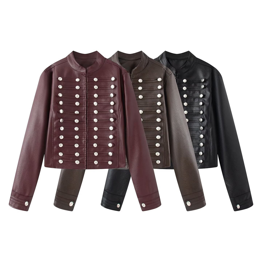 Women's short jacket in hussar style made of faux leather with decorative row buttons Mune Fashion