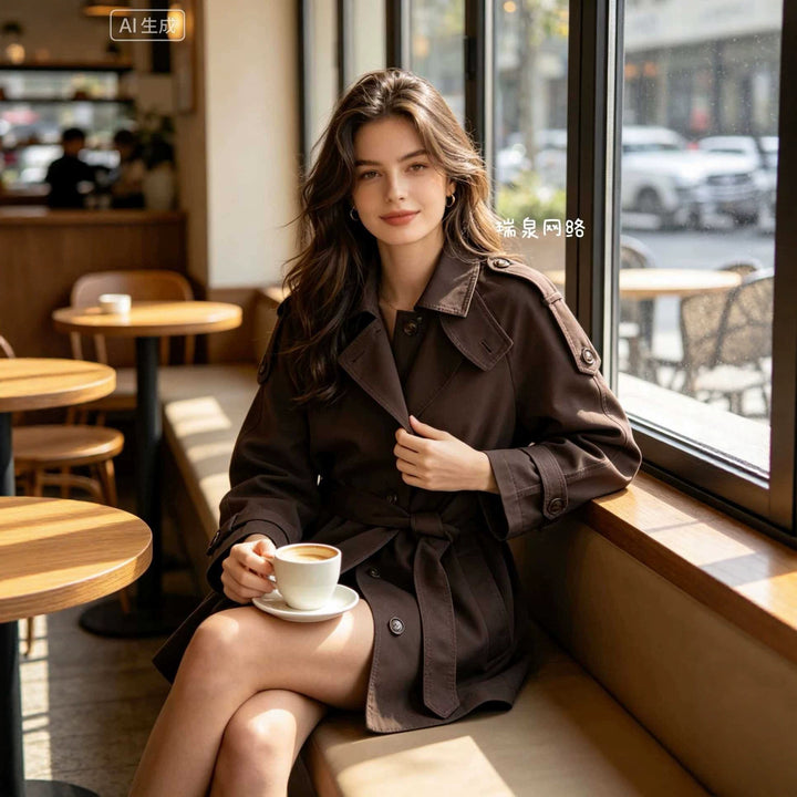 Ladies Short Cape Trench with Belt and Epaulettes Mune Fashion
