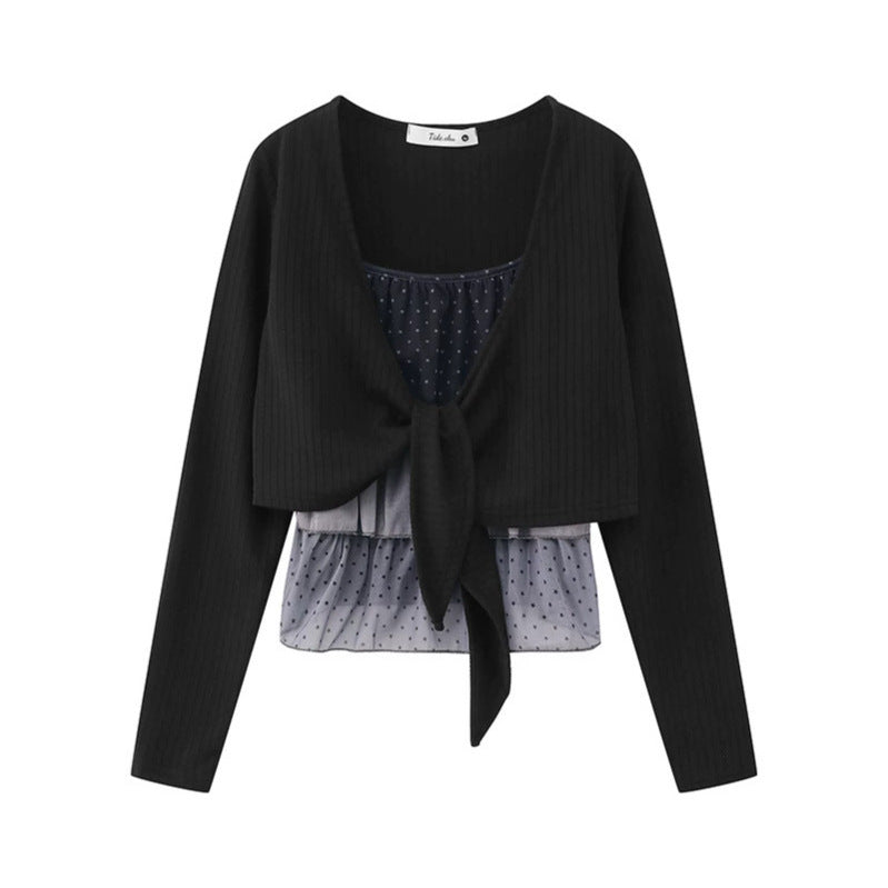 Women's Two-Piece Long Sleeve Top with Knot Front and Delicate Chiffon Under Top Mune Fashion