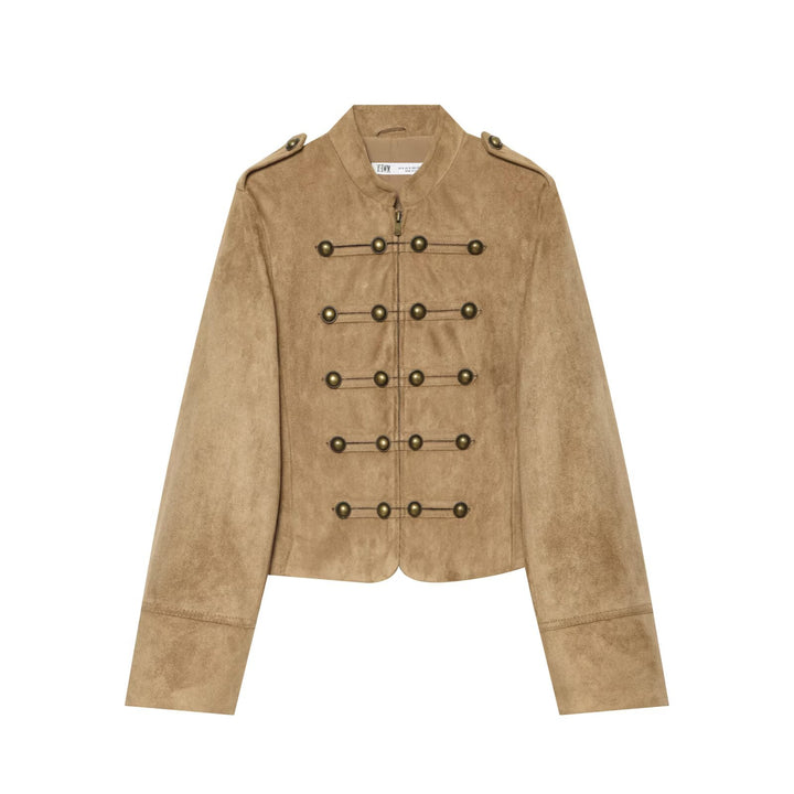 Women's short military-style jacket in faux suede with row of brass buttons Drune