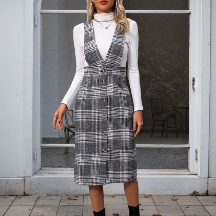 Women Elegant Check Wrap Dress Mune Fashion