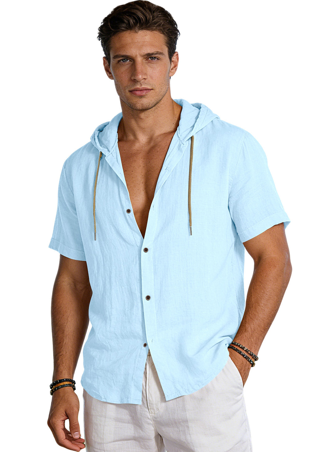 Men's tailored short-sleeve hooded shirt in textured linen look with wood look buttons and drawstring Mune Fashion