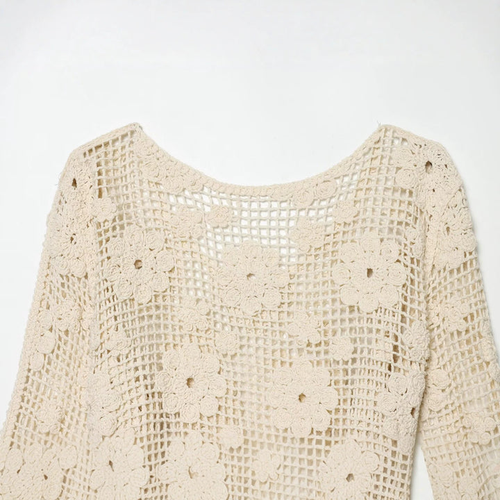 Women's crochet blouse with floral crochet design, V-neck and drawstring Mune Fashion