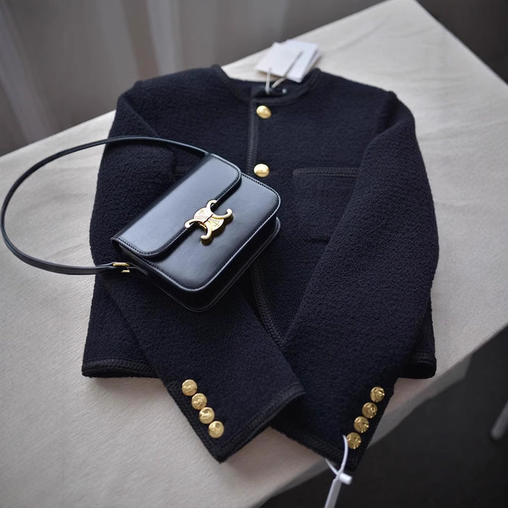 Women Fashionable Bouclé Jacket with Golden Buttons Mune Fashion