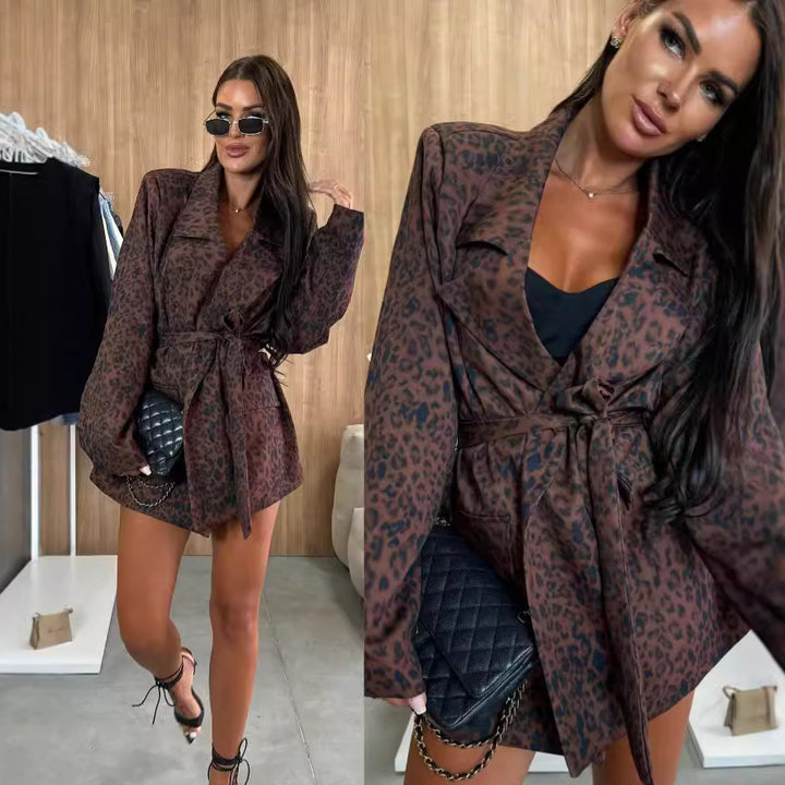 Women’s tailored blazer dress with leopard print and tie belt Mune Fashion