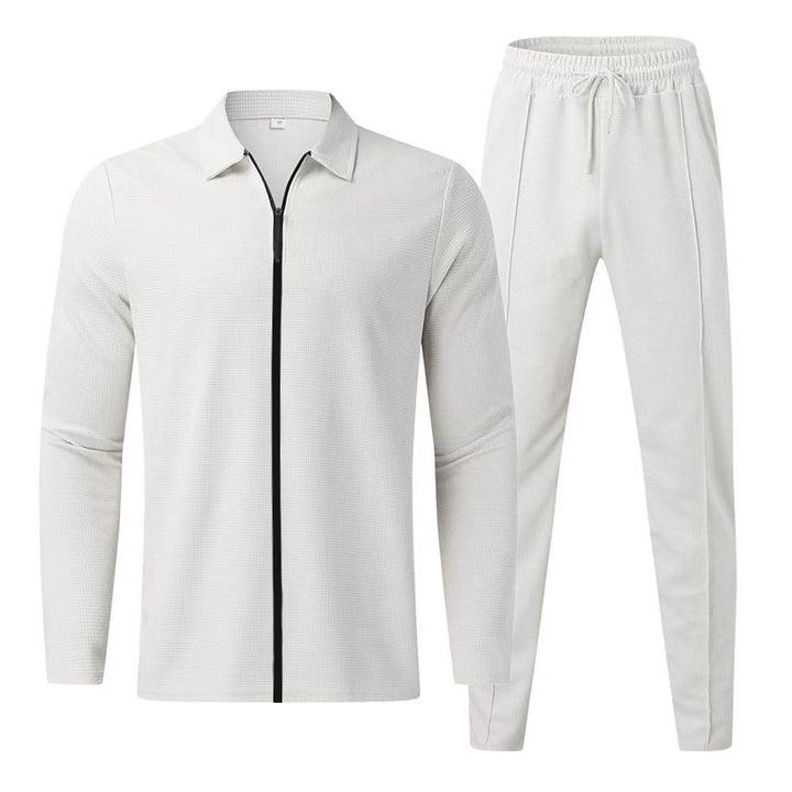 Men's casual waffle texture tracksuit with shirt collar, concealed zipper and drawstring pants Mune Fashion