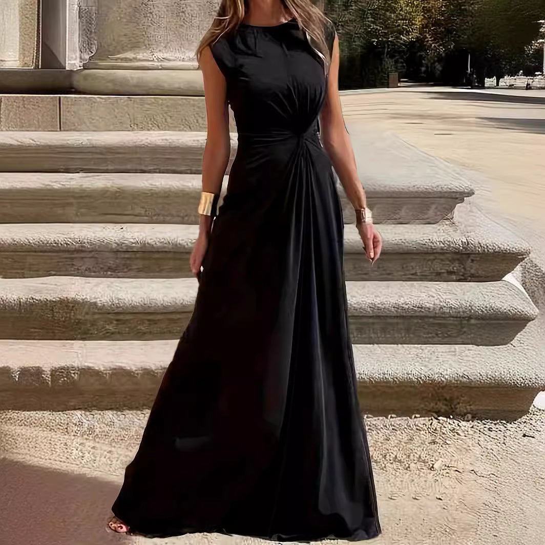 Women Elegant Maxi Dress with Gatherings and Round Neckline Mune Fashion