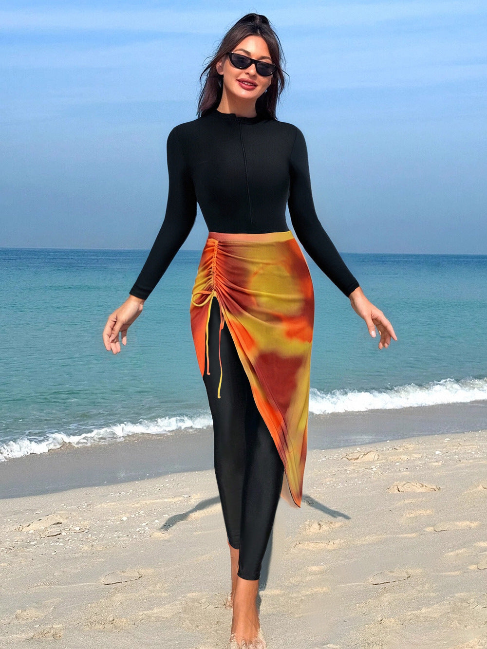 Women's Combined Long Sleeve Swimsuit with Asymmetrical Skirt Mune Fashion