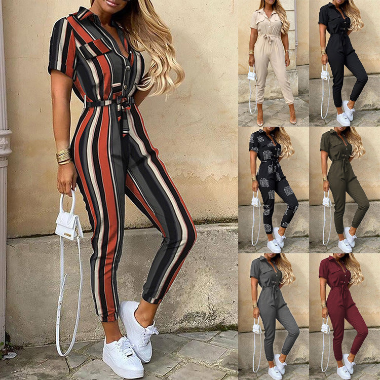 Women Short Sleeve Utility Overall with Waist Tie Belt and Slim Jogger Legs Mune Fashion
