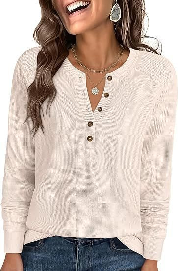 Ladies Waffle Knit Henley Long Sleeve with Button Placket, Raglan Sleeves and Ribbed Cuffs Mune Fashion