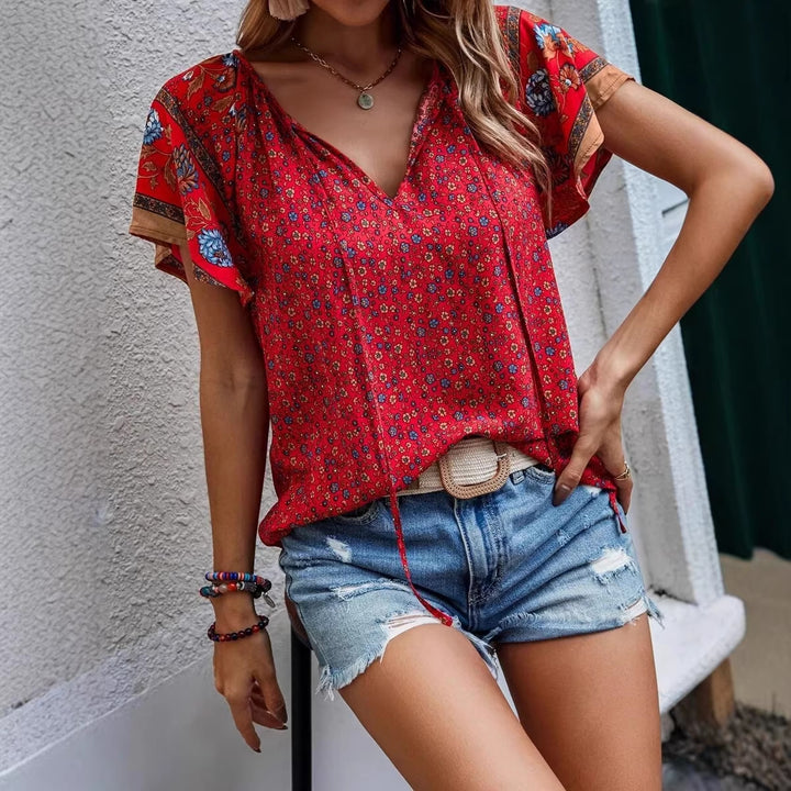 Women's Lightweight Blouse Shirt with V-Neck, Short Kimono Sleeves and Floral Allover Pattern Mune Fashion