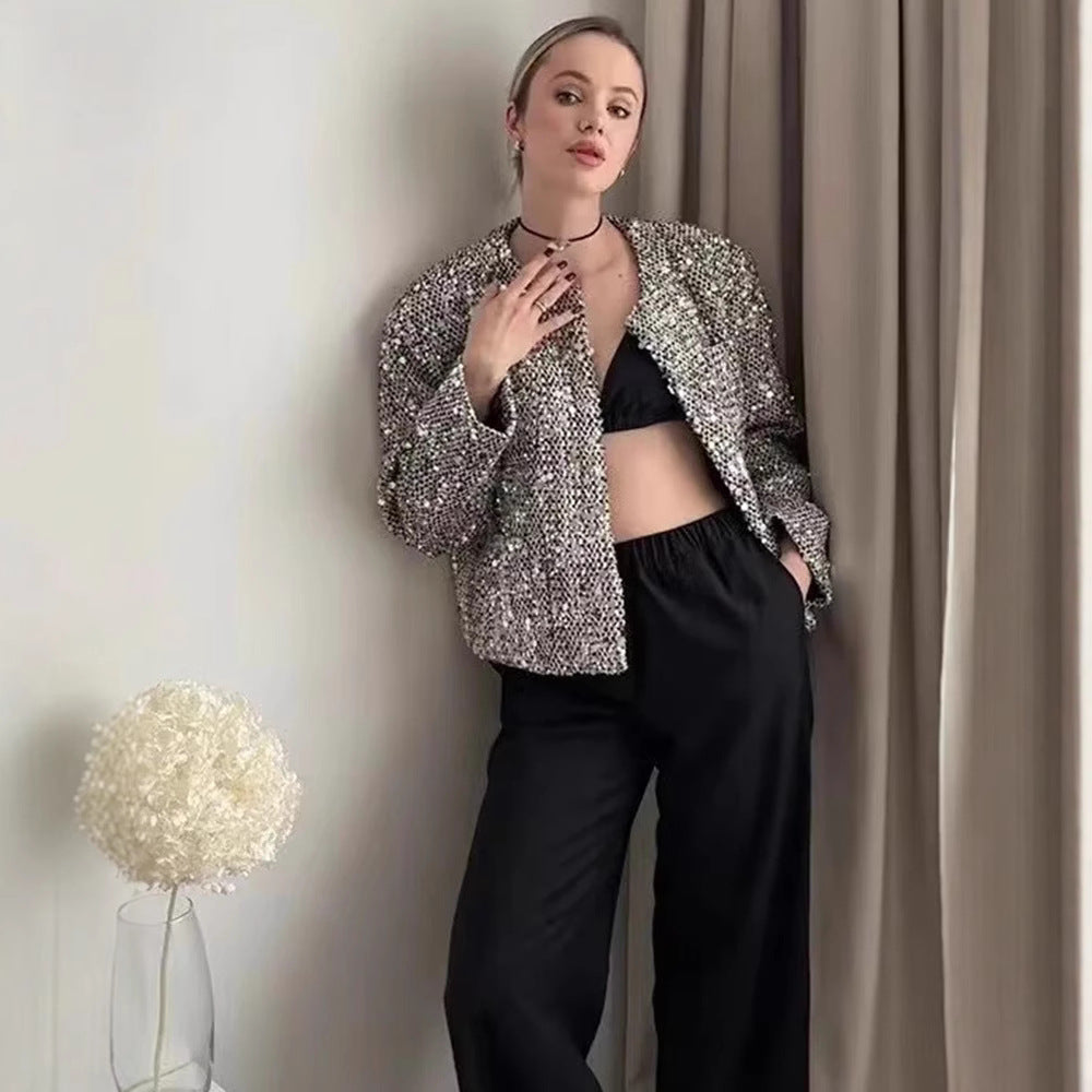 Women’s non-padded boucle short jacket with sequin embellishment, round neckline and open front Mune Fashion