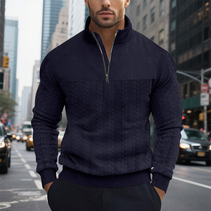 Men's cable knit half-zip pullover with stand-up collar, structured yoke and ribbed hem Mune Fashion