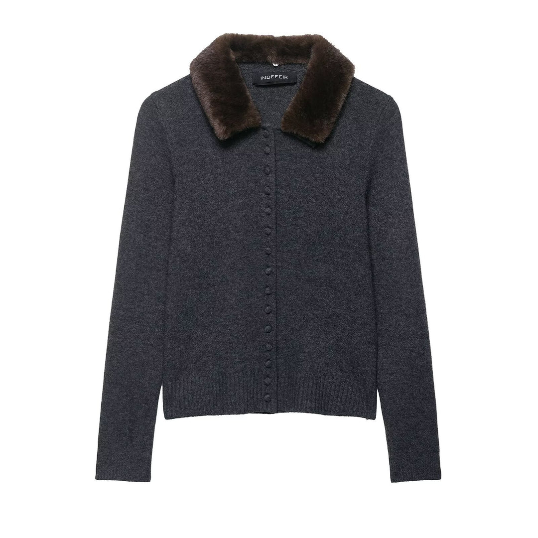 Women's fine-knit cardigan with faux fur collar and concealed button placket Mune Fashion