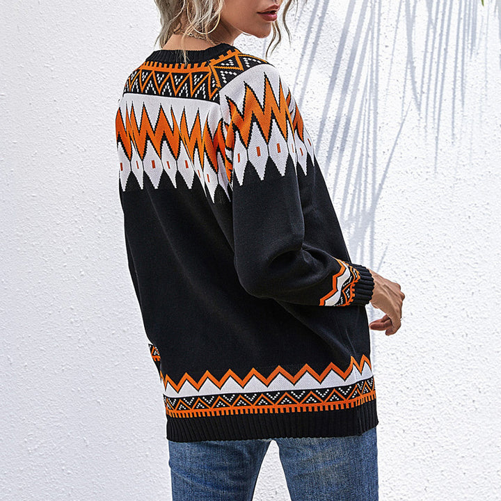 Women’s Oversize Knit Sweater with Geometric Aztec Pattern and Asymmetrical Off-Shoulder Neckline Mune Fashion