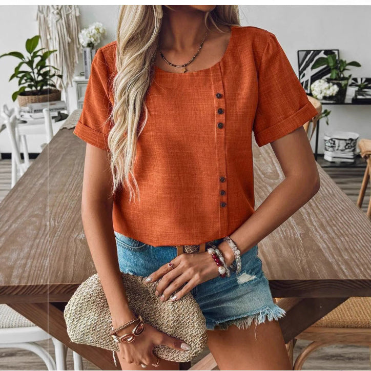 Women's bauchfreies linen-look top with asymmetrical button placket and rolled sleeves Mune Fashion