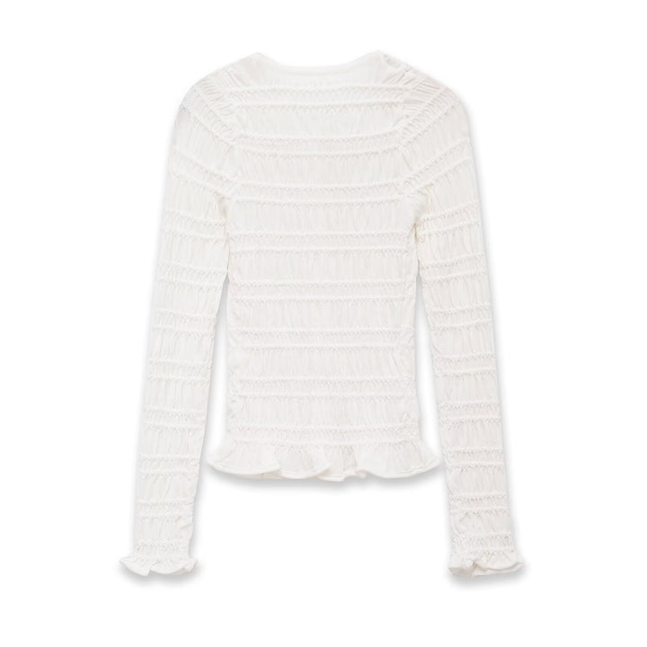 Women's Smocked Fine Knit Cardigan with Ruffle Hem and Button Placket Mune Fashion